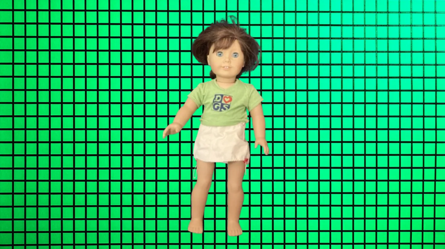 Mattel Lindsey Bergman American Girl doll in green DOGS T-shirt and tan skirt