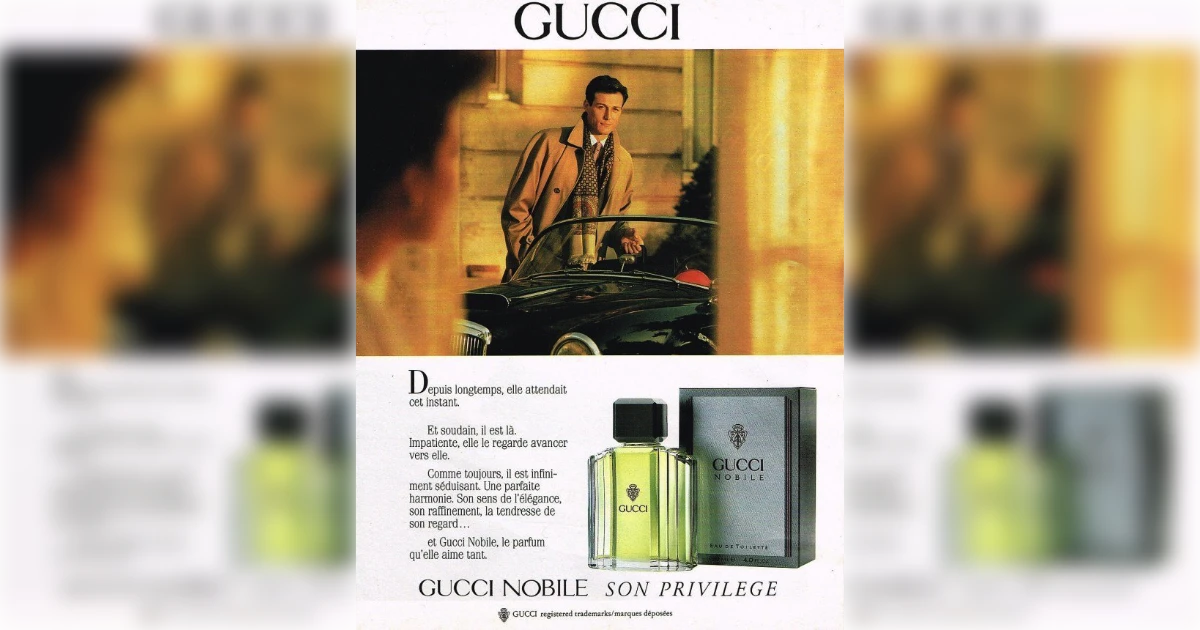 Gucci Nobile vintage magazine ad with green eau de toilette bottle