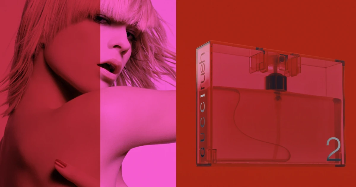 Gucci Rush 2 ad with blonde model and red rectangular bottle
