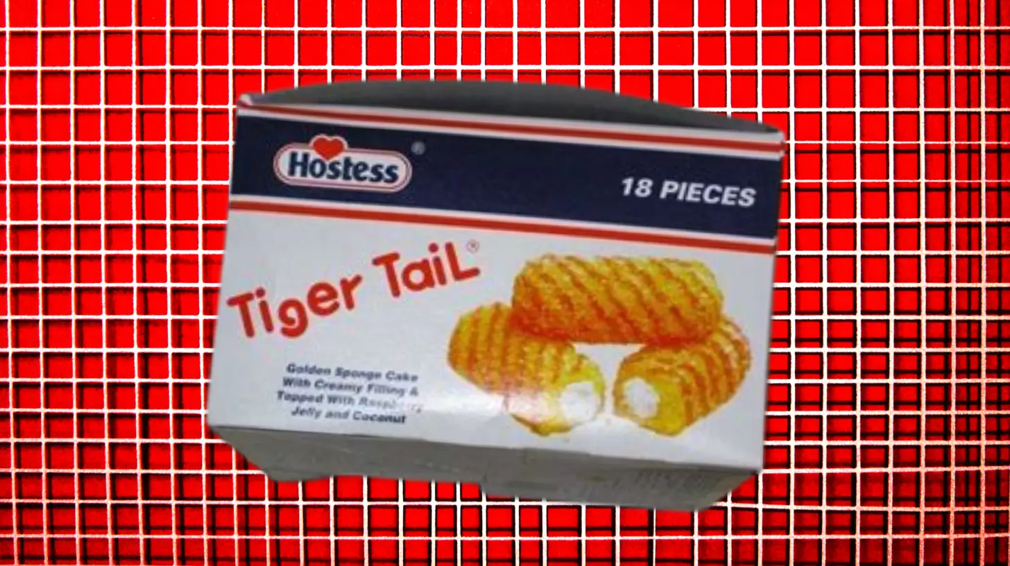 Hostess Hostess Tiger Tail box showing golden sponge cake rolls with creamy filling