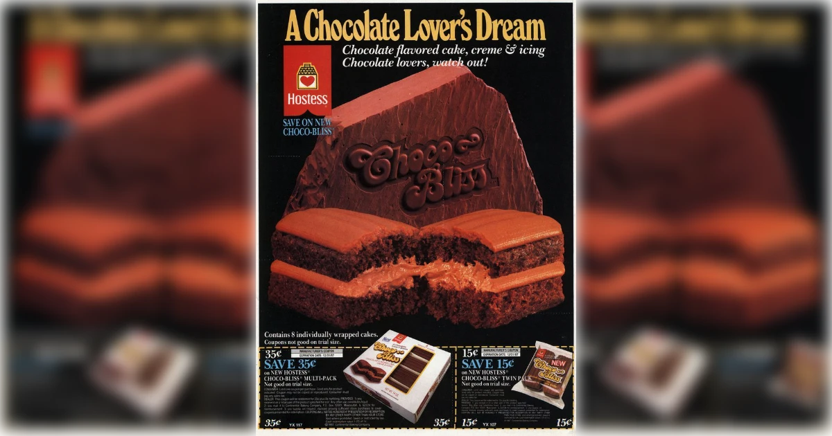 Hostess Vintage Hostess Choco-Bliss magazine ad with chocolate snack cake and coupons
