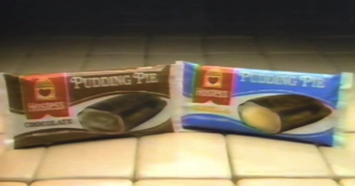 Hostess Two Hostess Pudding Pie wrappers, chocolate and vanilla, from 1980s commercial