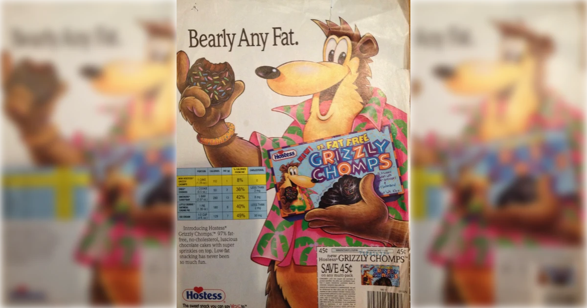 Hostess Hostess Grizzly Chomps bear mascot ad reading Bearly Any Fat