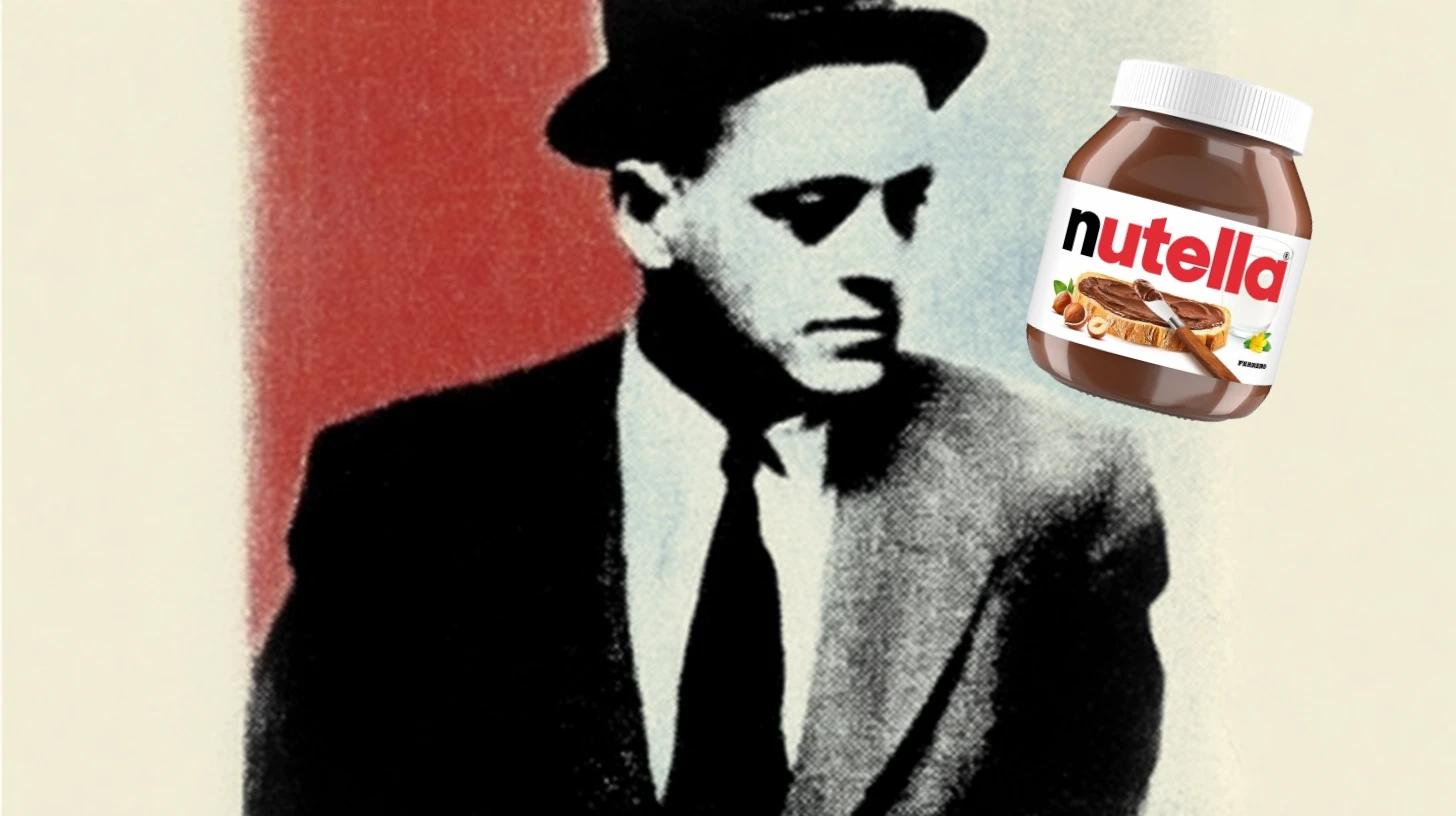 Pietro Ferrero, the pastry chef behind Nutella © History Oasis Pietro Ferrero in a fedora and suit beside a Nutella jar