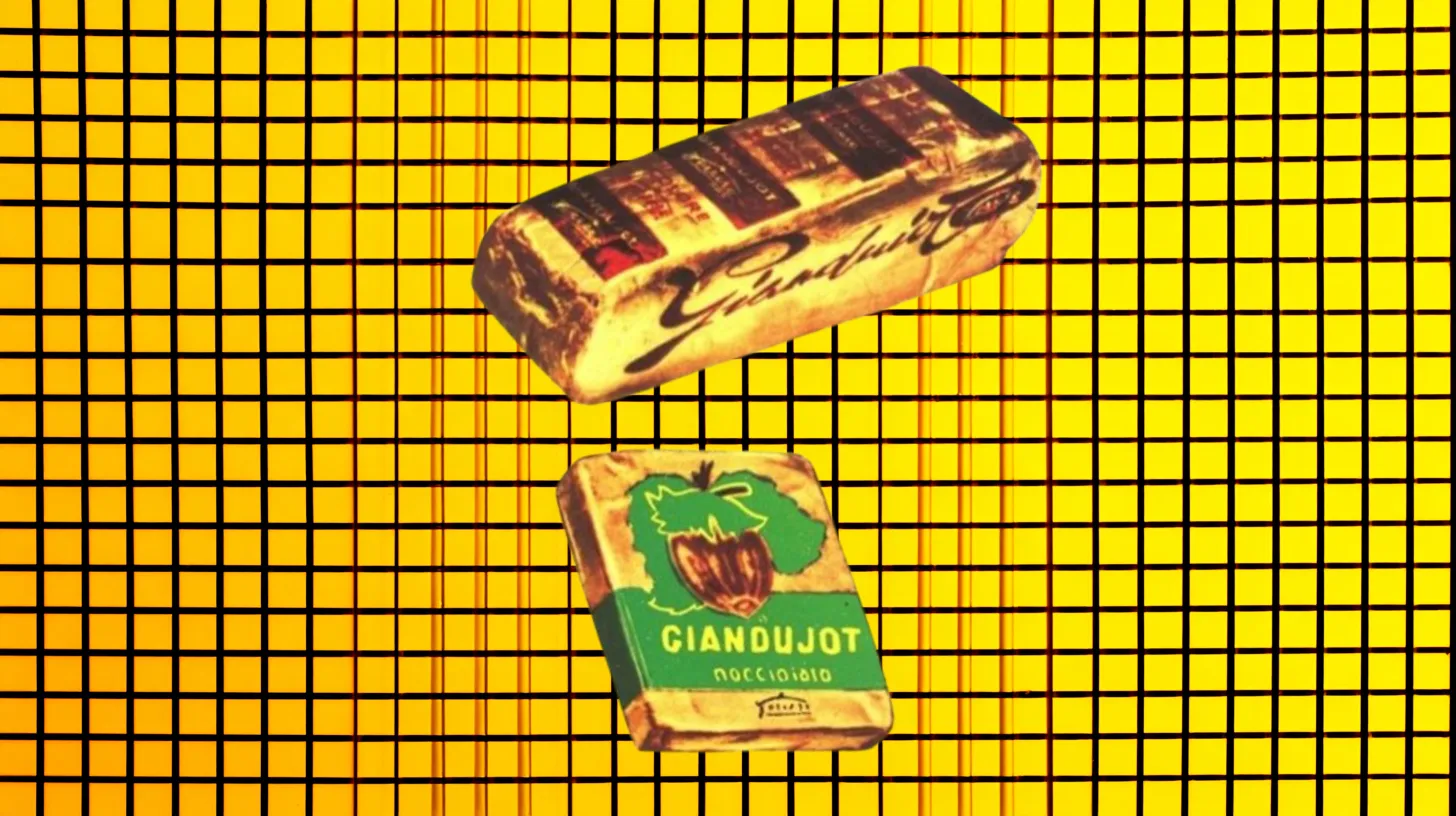Nutella Vintage Giandujot chocolate hazelnut blocks in foil wrappers on yellow