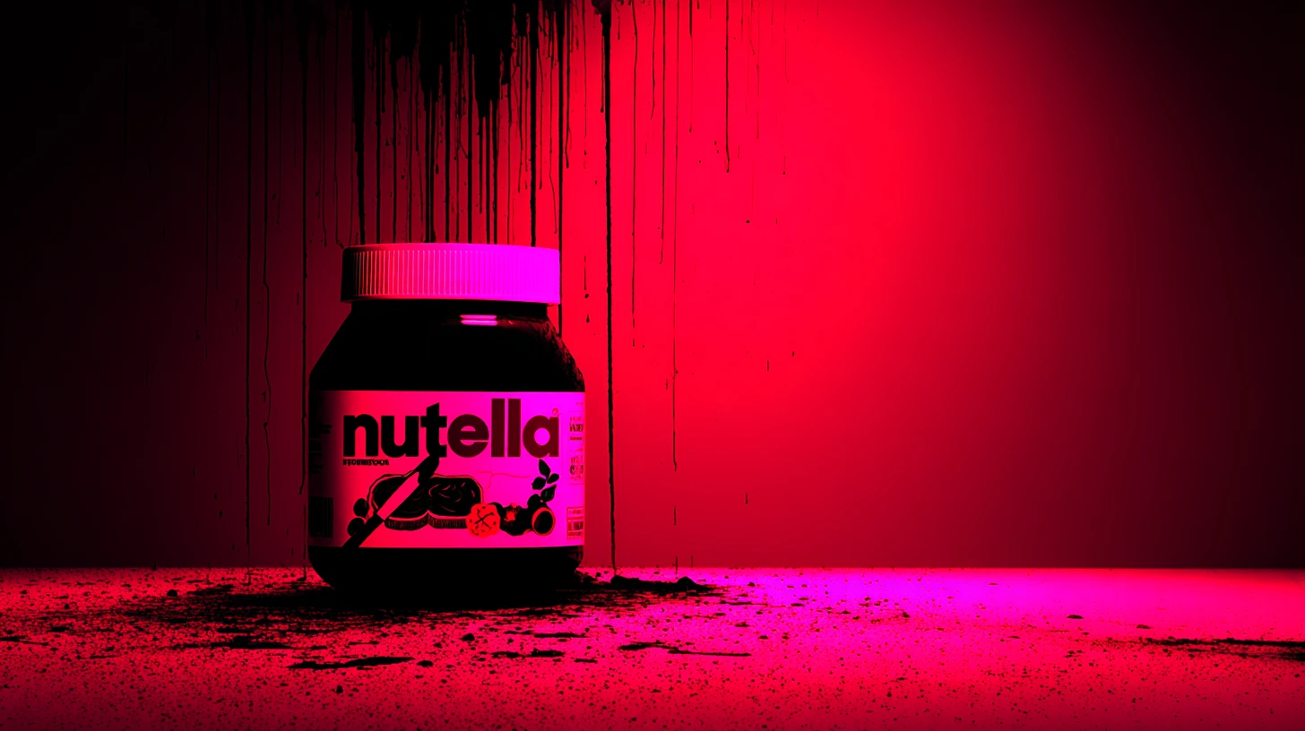 A Nutella jar in shadow © History Oasis Nutella jar lit in neon pink against a dark dripping wall