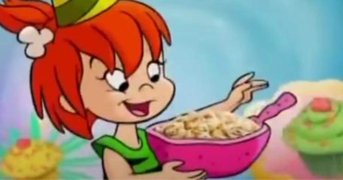 Post Cartoon Pebbles Flintstone holding a pink bowl of cereal