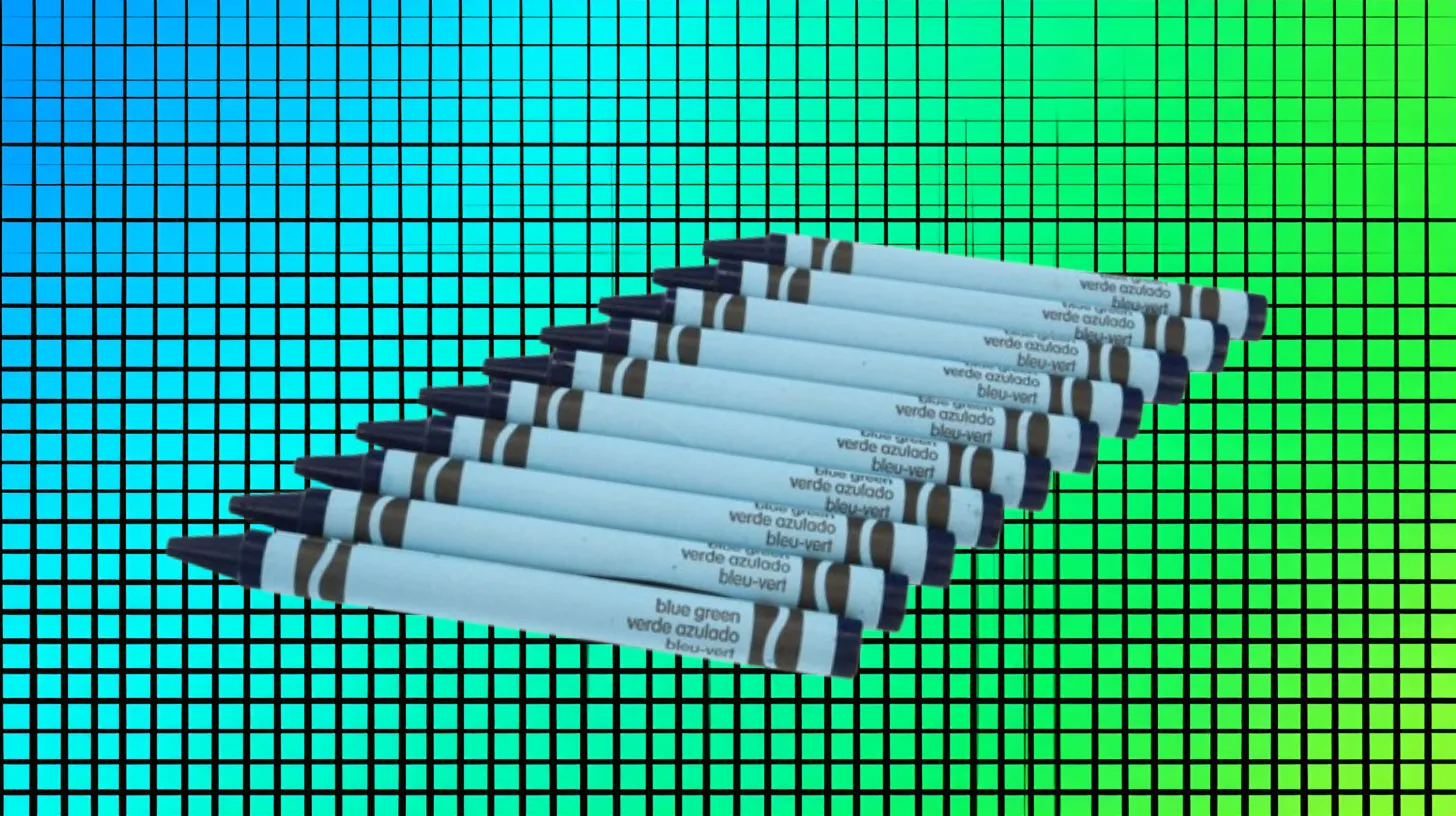 Stack of Crayola Blue Green crayons with pale blue wrappers