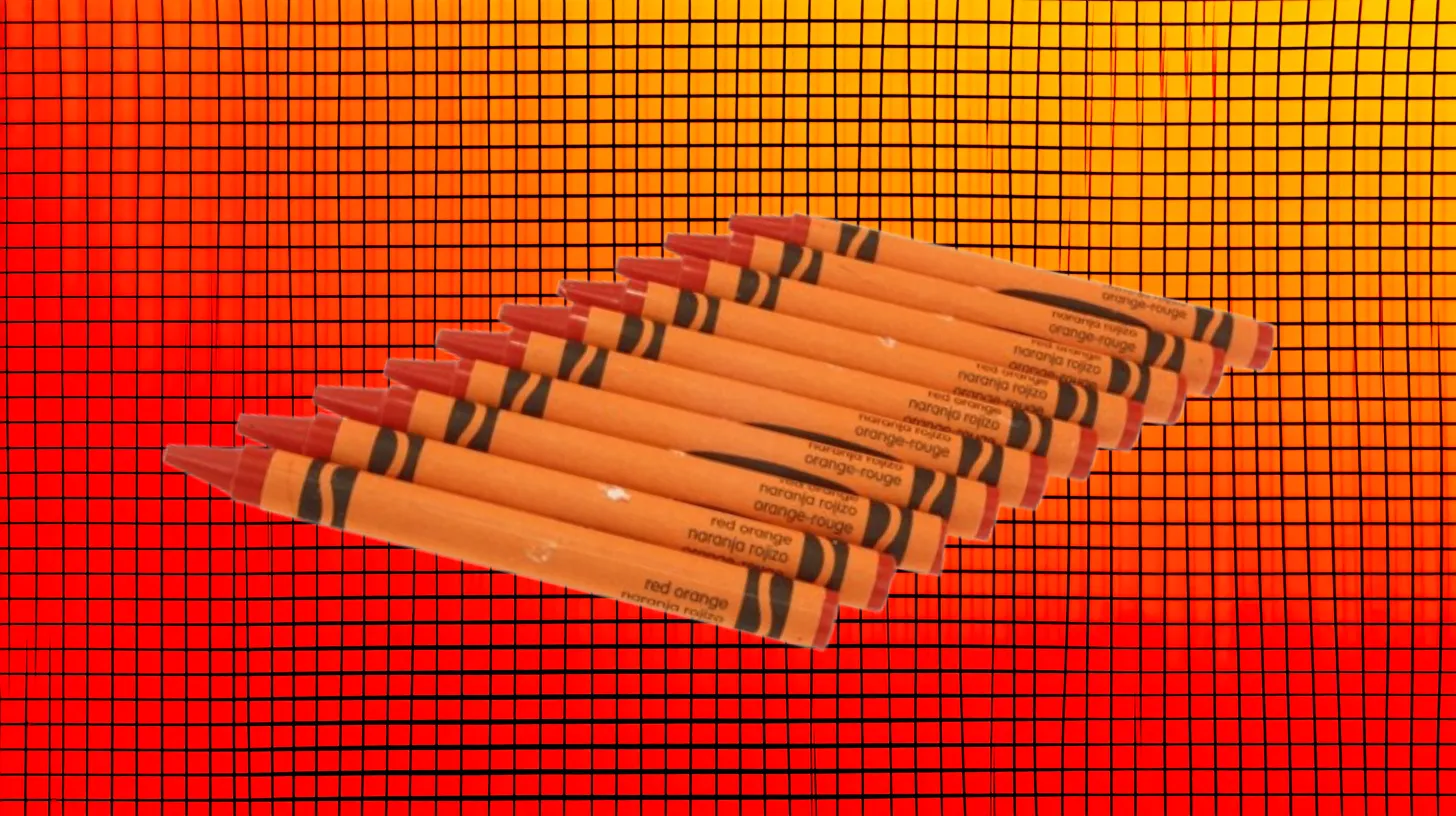 Stack of Crayola Red Orange crayons with orange wrappers and red tips