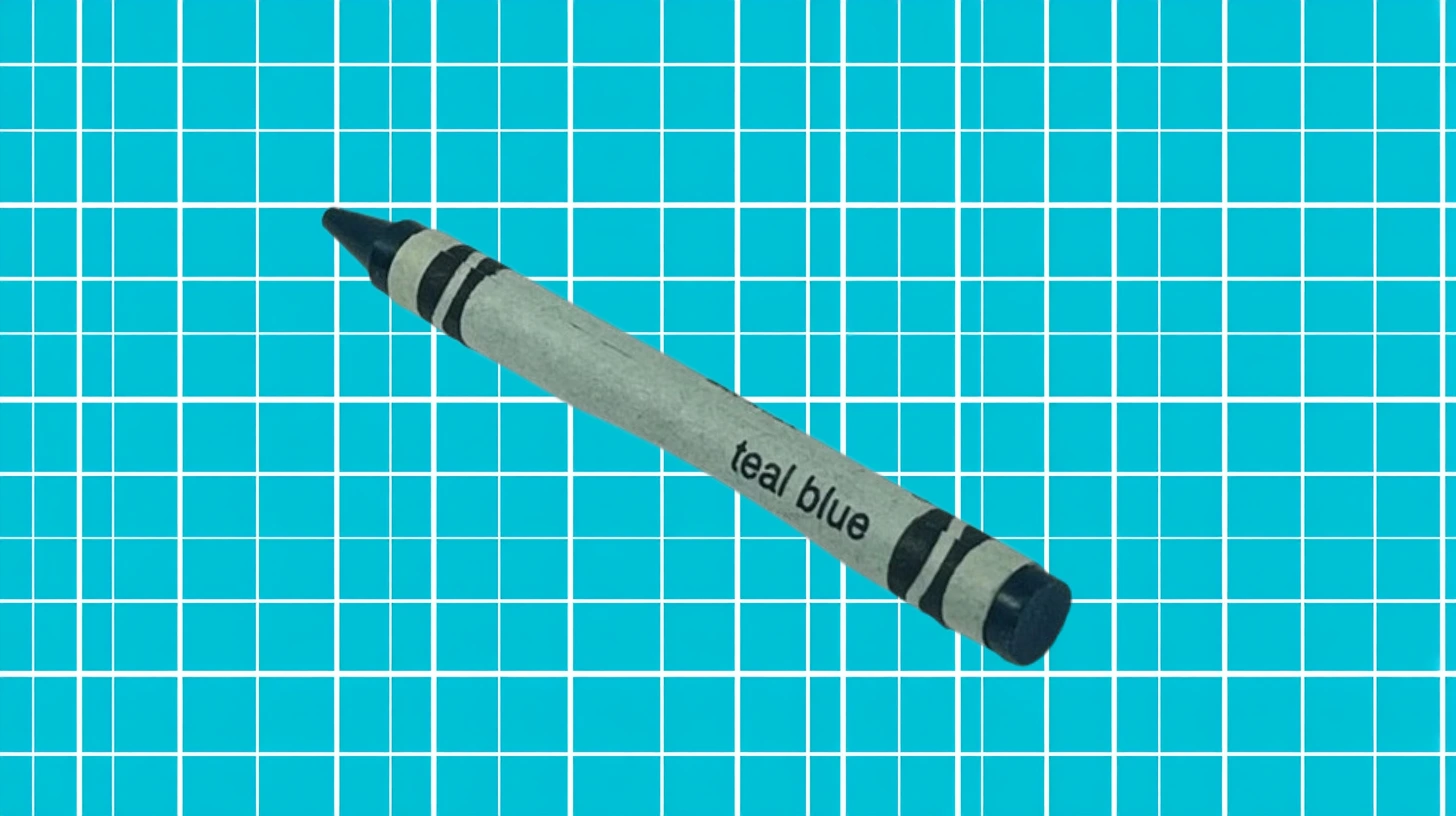 Crayola Teal Blue crayon with dark teal tip on turquoise grid