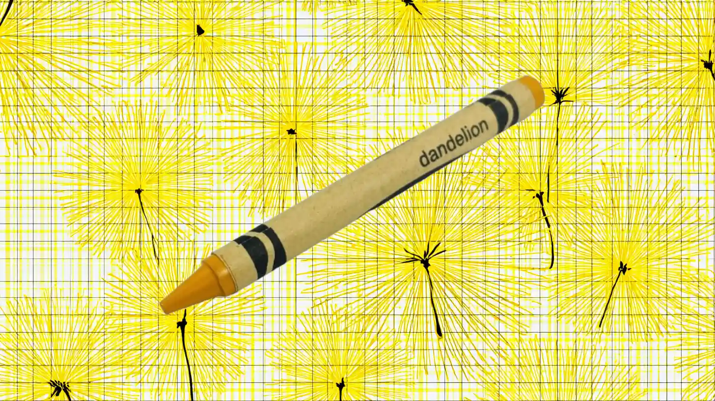 Crayola Dandelion crayon with golden yellow tip on dandelion background