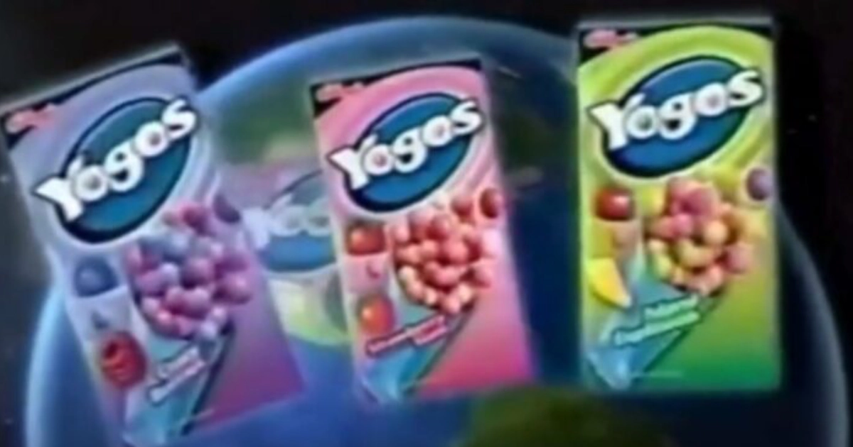 Kellogg's Three Yogos fruit snack boxes in purple, pink, and green packaging