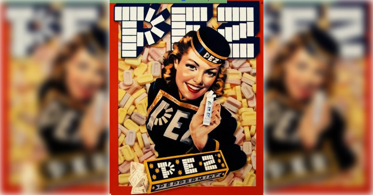 PEZ Vintage PEZ Peppermint ad with smiling PEZ girl holding a dispenser