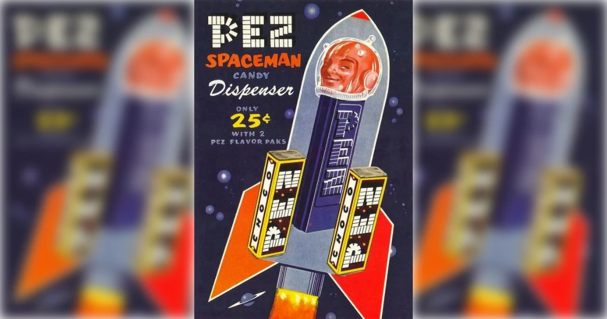 PEZ PEZ Spaceman candy dispenser rocket ad with chocolate PEZ flavor packs