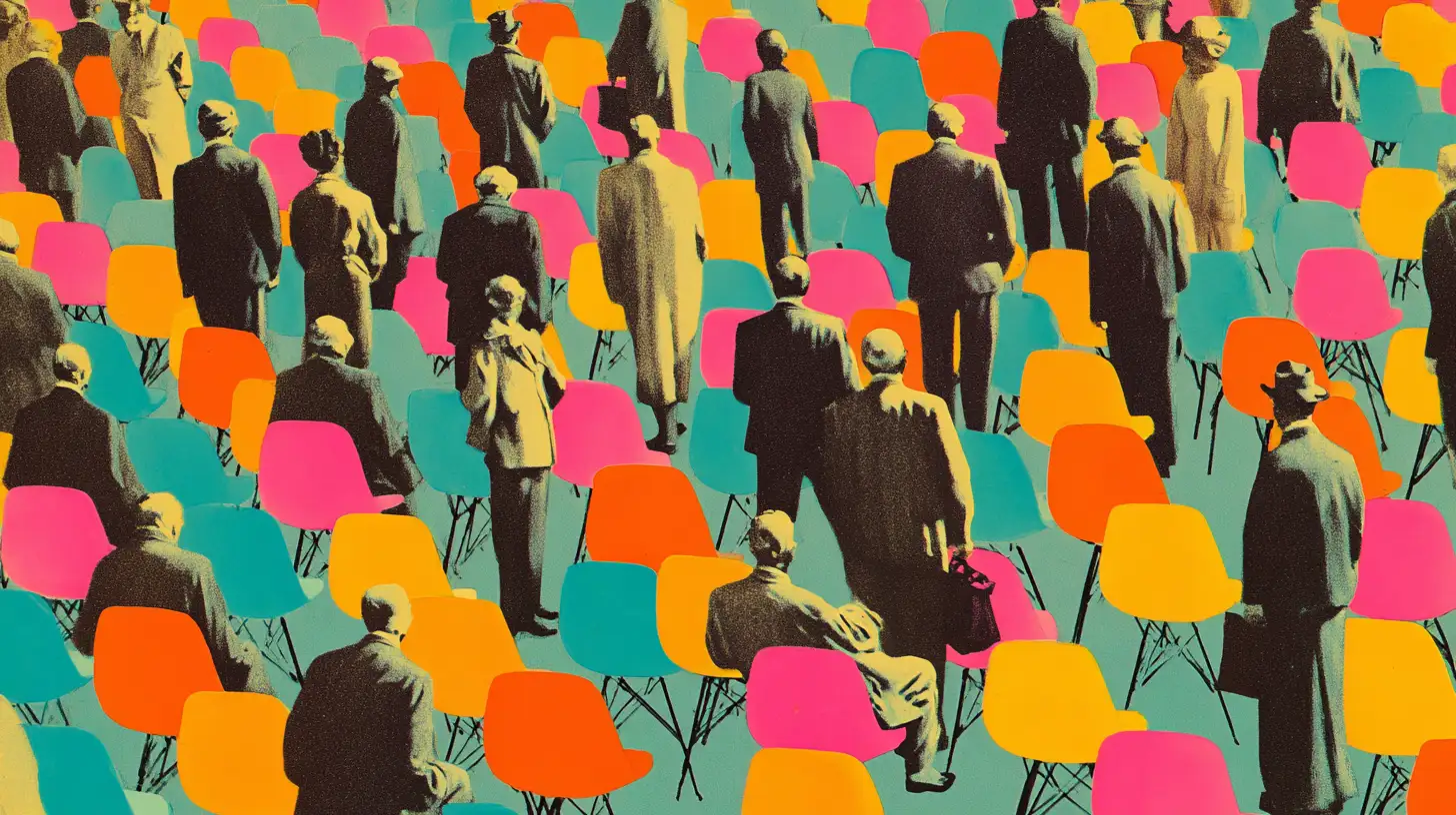 Retro collage of a convention crowd © History Oasis Retro collage of people standing among rows of colorful convention chairs