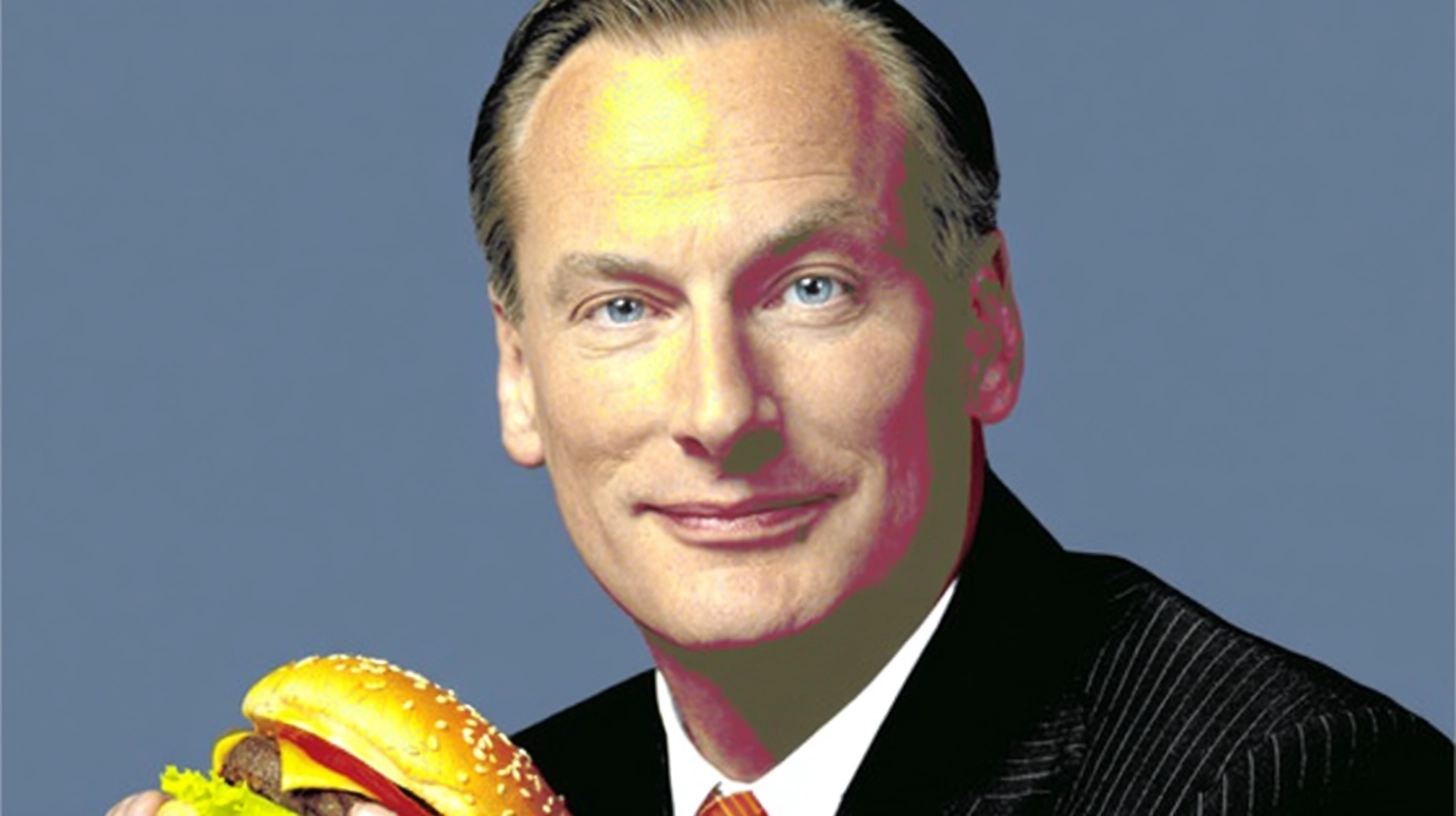 Man in a pinstripe suit holding a cheeseburger © History Oasis Man in a pinstripe suit holding a cheeseburger, solarized portrait