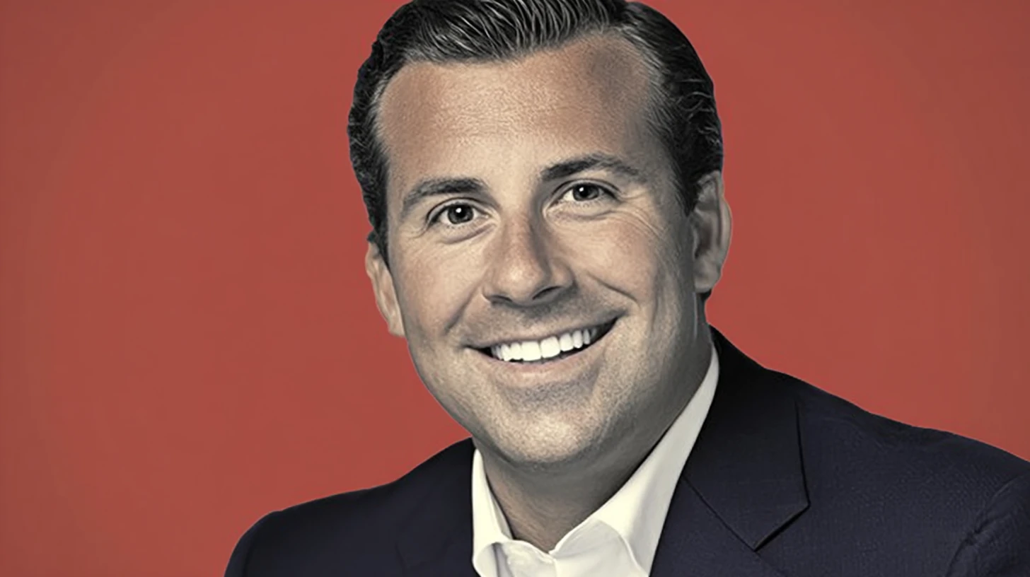 Smiling man in a navy suit © History Oasis Smiling man in a navy suit on a red background