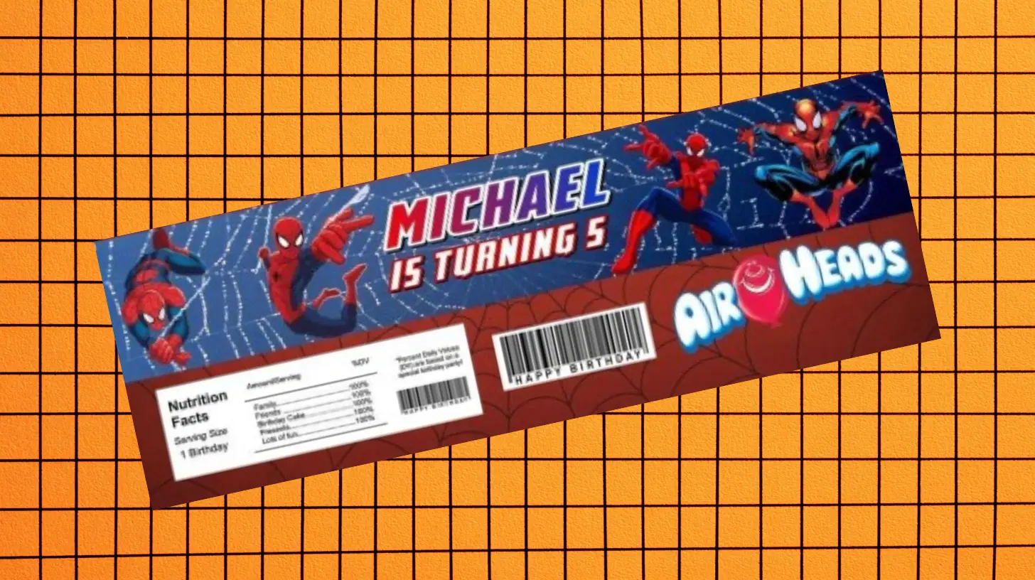 Custom Spider-Man birthday party Airheads candy wrapper label