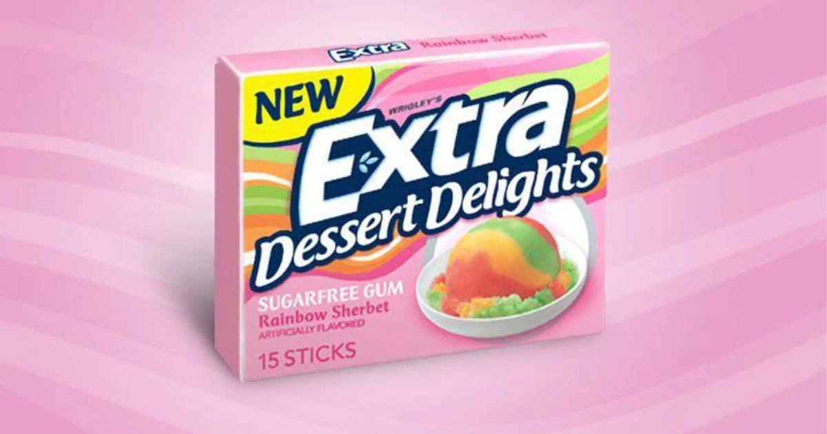 Wrigley's Pink Extra Dessert Delights Rainbow Sherbet gum pack with sherbet scoop