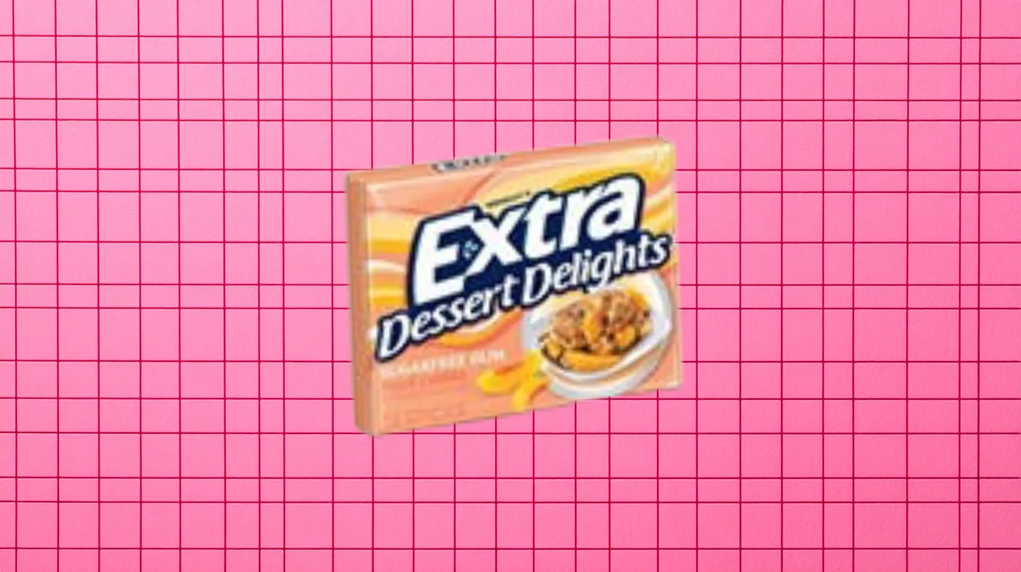 Wrigley's Peach-colored Extra Dessert Delights gum pack showing peach cobbler dessert