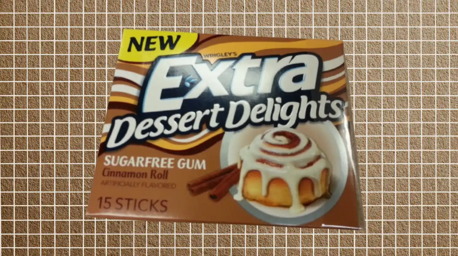 Wrigley's Extra Dessert Delights Cinnamon Roll gum pack with iced cinnamon roll