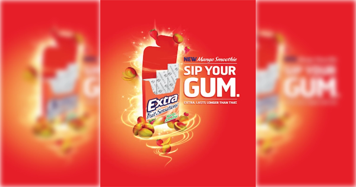 Wrigley's Extra Fruit Sensations Mango Smoothie gum ad reading Sip Your Gum