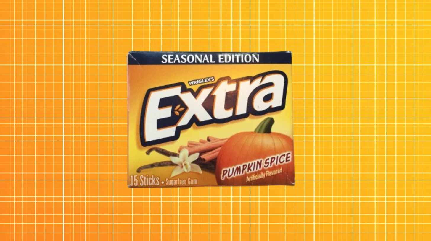Wrigley's Extra Pumpkin Spice Seasonal Edition gum pack with pumpkin and cinnamon