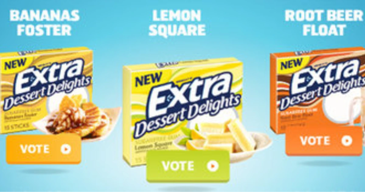 Wrigley's Extra Dessert Delights fan vote graphic with Bananas Foster and Lemon Square