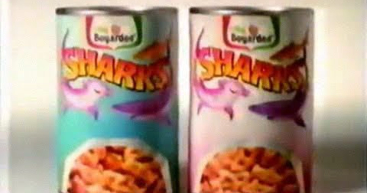 Hometown Foods Two Chef Boyardee Sharks pasta cans with cartoon sharks on the labels