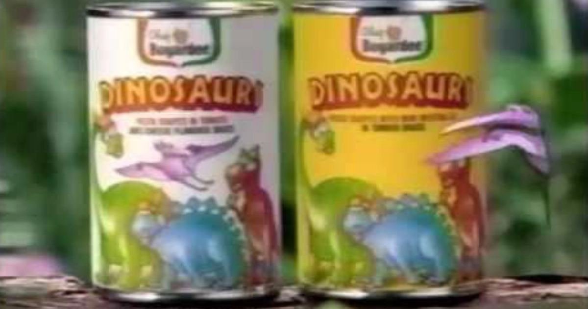 Hometown Foods Two Chef Boyardee Dinosaurs pasta cans with cartoon dinosaur labels