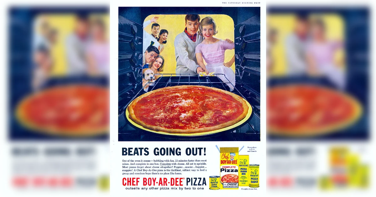 Hometown Foods Vintage Chef Boy-Ar-Dee Complete Pizza kit magazine ad with baked pizza