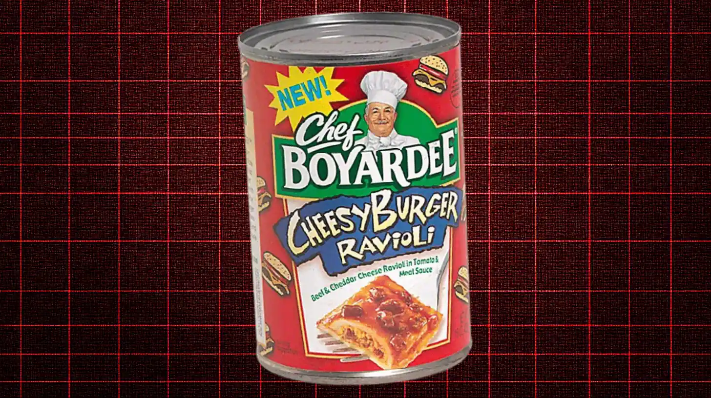 Hometown Foods Chef Boyardee Cheesy Burger Ravioli can on a red grid background