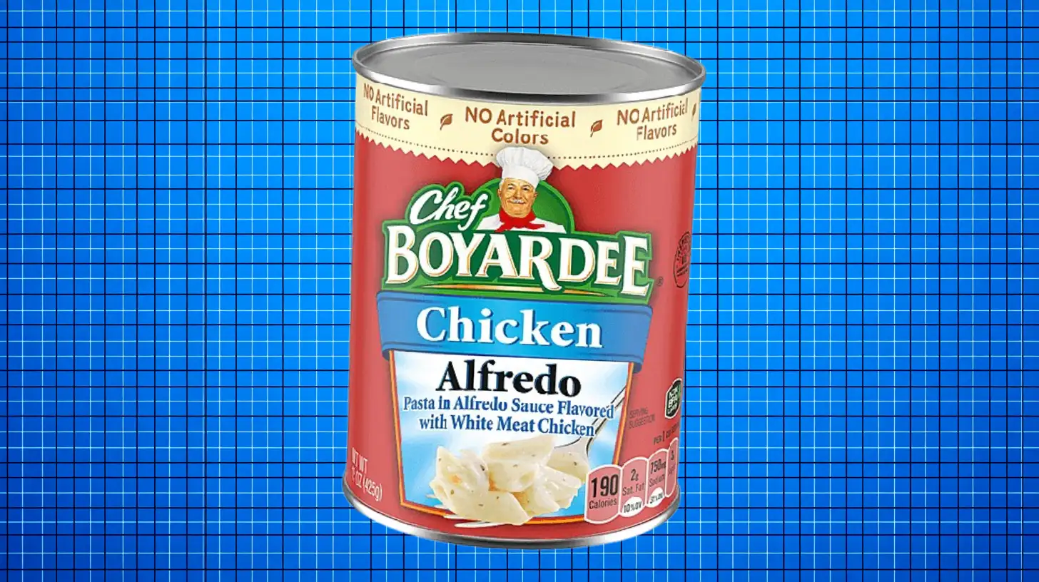 Hometown Foods Chef Boyardee Chicken Alfredo can on a blue grid background