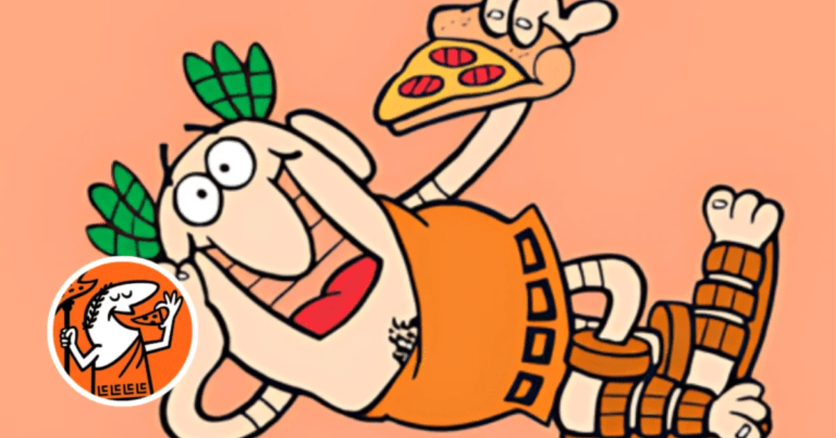Little Caesar with the speared slice that has anchored the logo since 1959 — Little Caesars The Little Caesars mascot, a cartoon Roman in a toga, spearing a slice of pizza