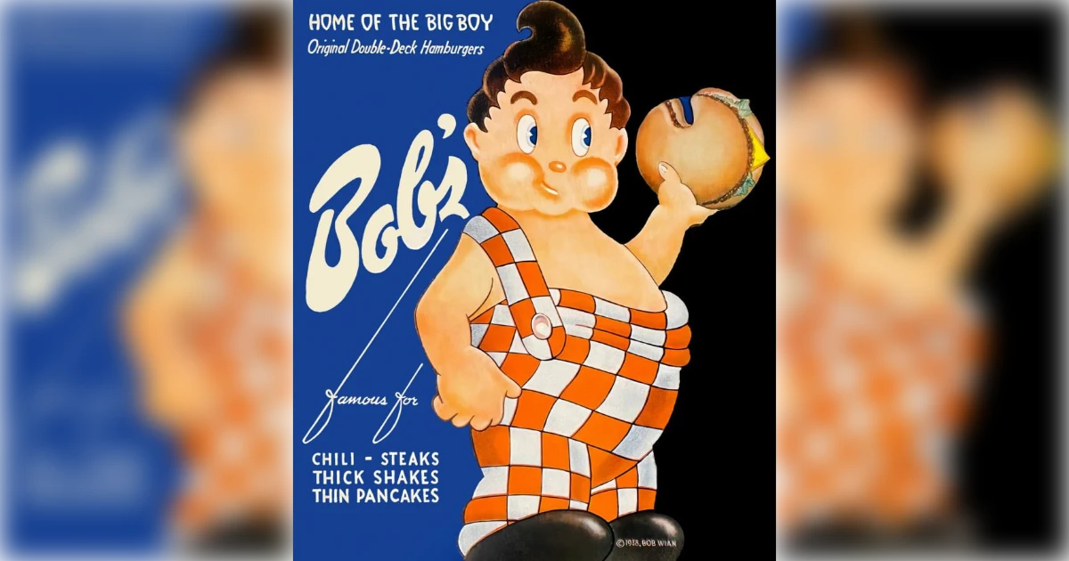Big Boy on a Bob's “Home of the Big Boy” advertisement — Bob's Big Boy The Big Boy mascot in red-checkered overalls holding a double-decker hamburger on a vintage Bob's poster