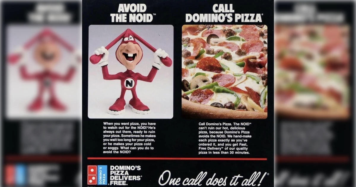 The Noid in a Domino's newspaper ad for the 30-minute guarantee — Domino's The Noid, a red-suited Domino's character with rabbit ears, in an “Avoid the Noid” print ad