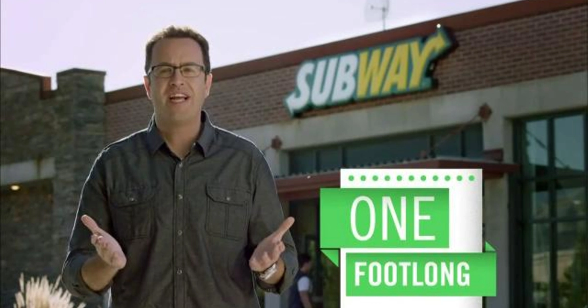 Jared Fogle in one of more than 300 Subway commercials — Subway Subway spokesman Jared Fogle standing outside a Subway restaurant in a “One Footlong” commercial still