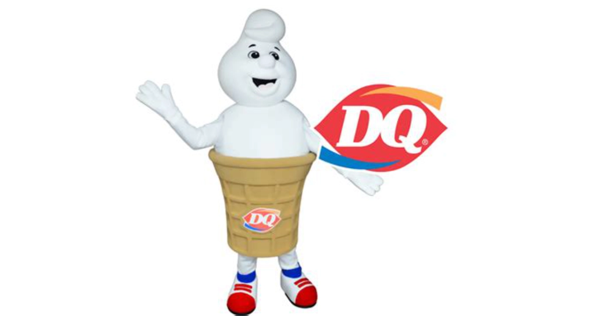 Curly Top, the Dairy Queen mascot still in service today — Dairy Queen Curly Top, the Dairy Queen mascot shaped like a soft-serve cone, waving beside the DQ logo