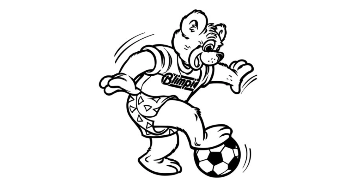 Blimpie Bear in promotional line art — Blimpie Line art of the Blimpie Bear mascot in a jersey and shorts kicking a soccer ball