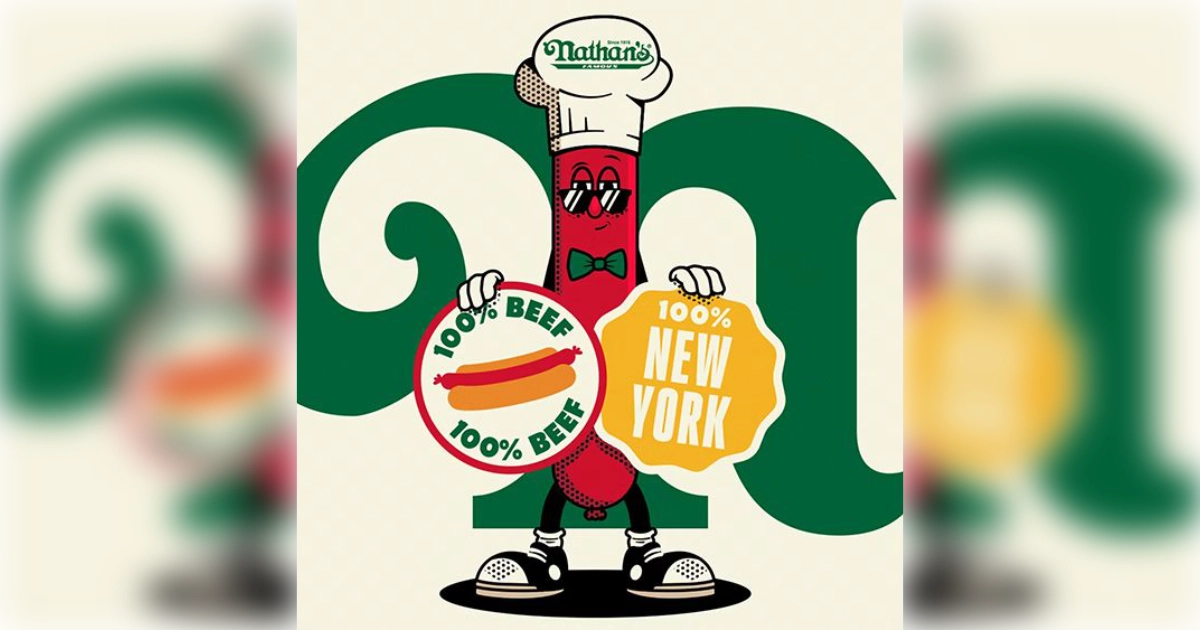 Frankster, rebranded as Frankie in 2025 — Nathan's Famous The Nathan's Famous hot dog mascot Frankster in a chef's hat against the green Nathan's monogram