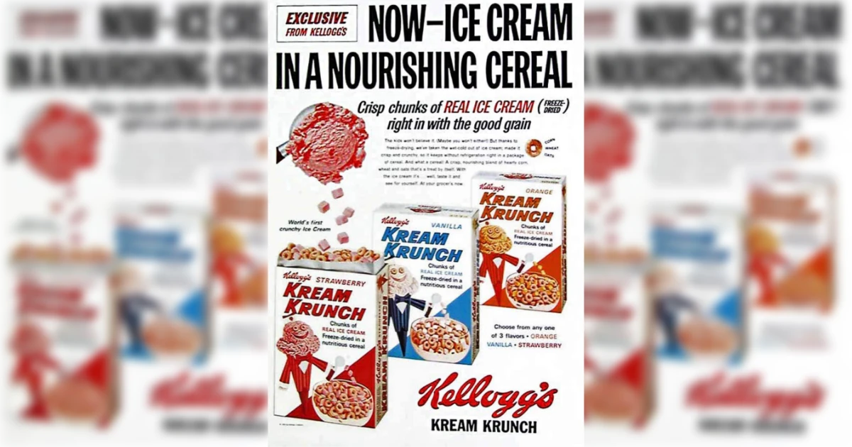 1960s Kellogg's Kream Krunch magazine ad with three cereal boxes