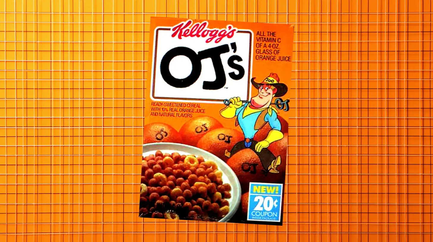 Kellogg's OJ's cereal box with cowboy mascot and oranges