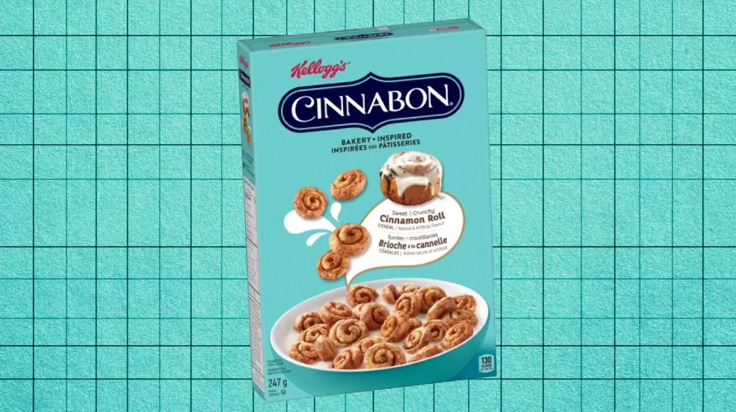 Kellogg's Cinnabon cinnamon roll cereal box in teal packaging