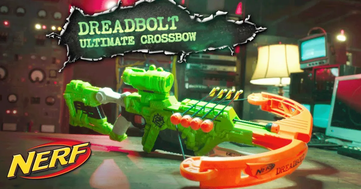 Hasbro Nerf Dreadbolt Ultimate Crossbow blaster in glowing green and orange