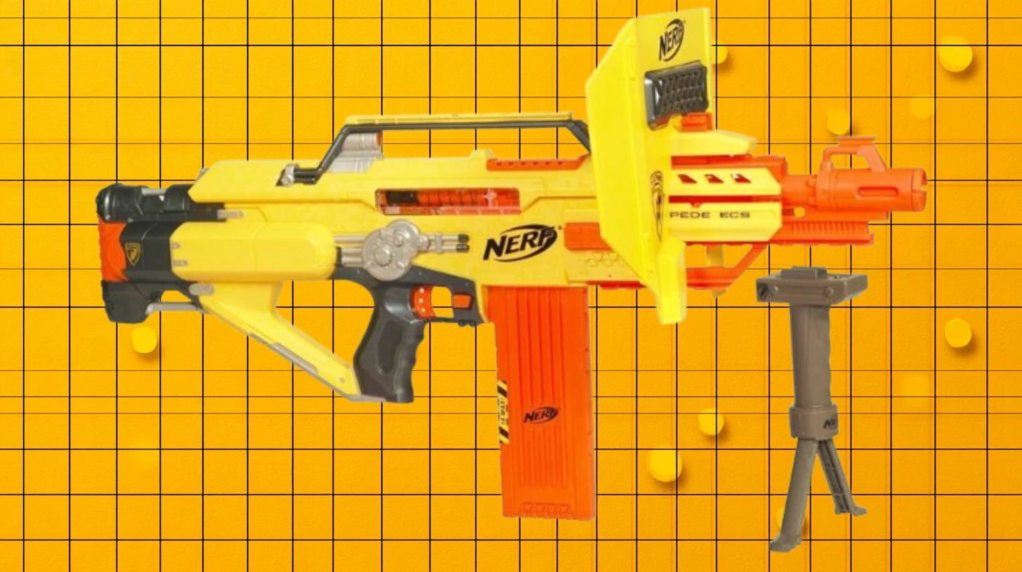 Hasbro Nerf Stampede ECS yellow motorized blaster with shield, drum magazine and bipod