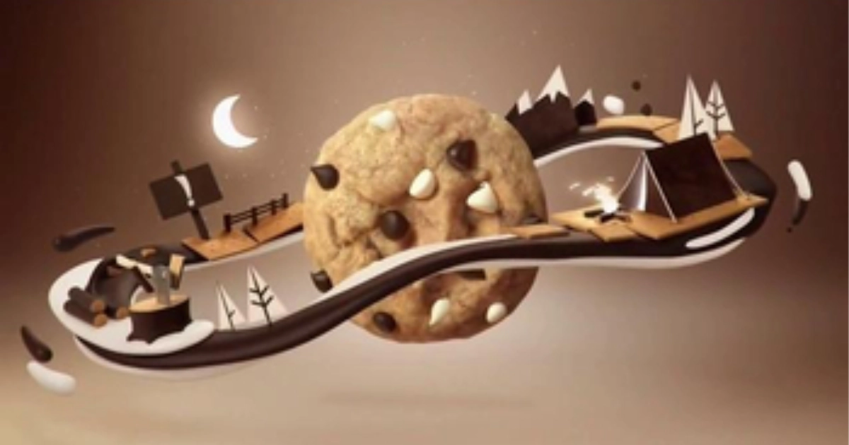 Chocolate chip cookie in a 3D s'mores campfire landscape ad