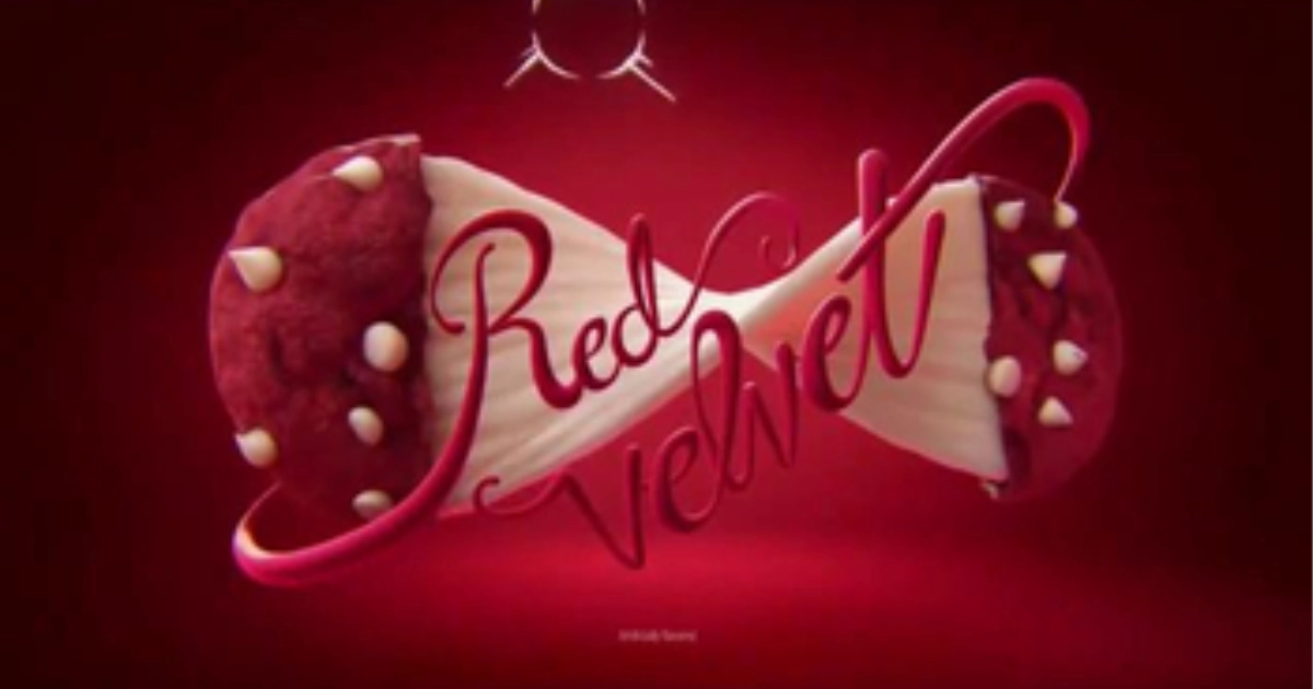 Red Velvet Chips Ahoy cookies with white chips and script logo