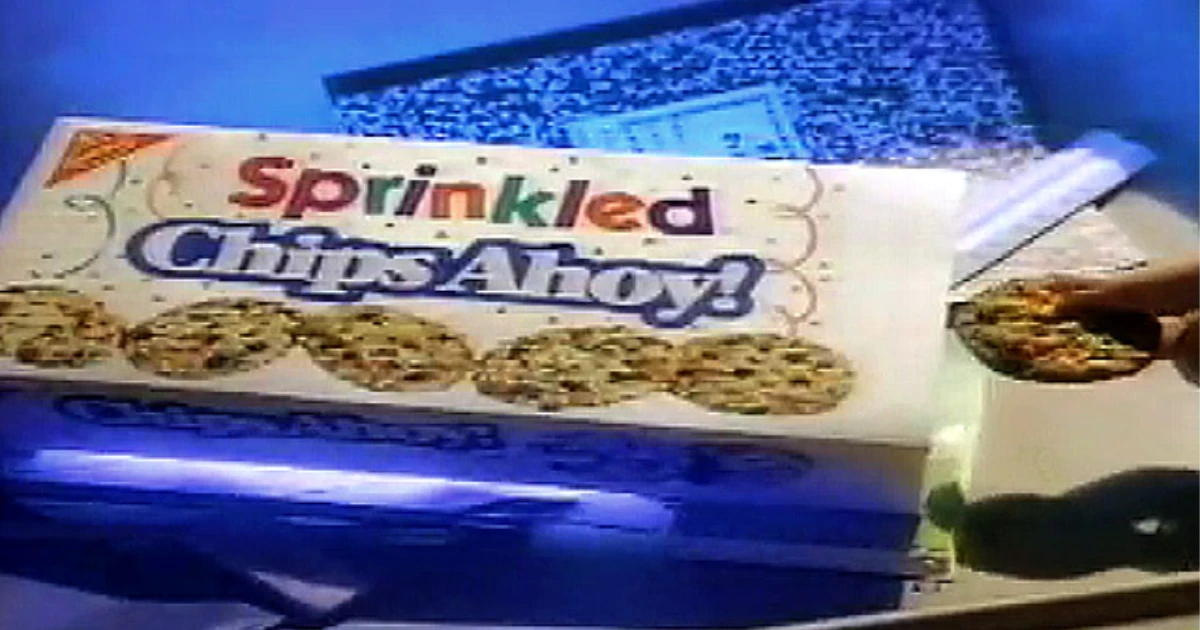Sprinkled Chips Ahoy cookie box from a retro television commercial