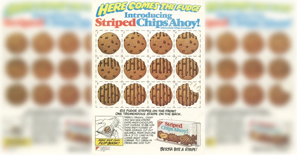 Striped Chips Ahoy print ad with a fudge-striped cookie flipbook