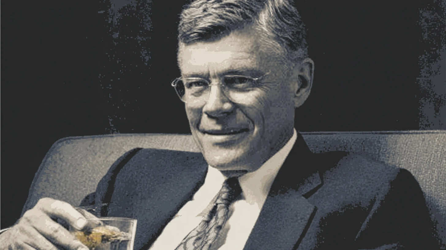Silver-haired man in a suit and glasses holding a drink glass